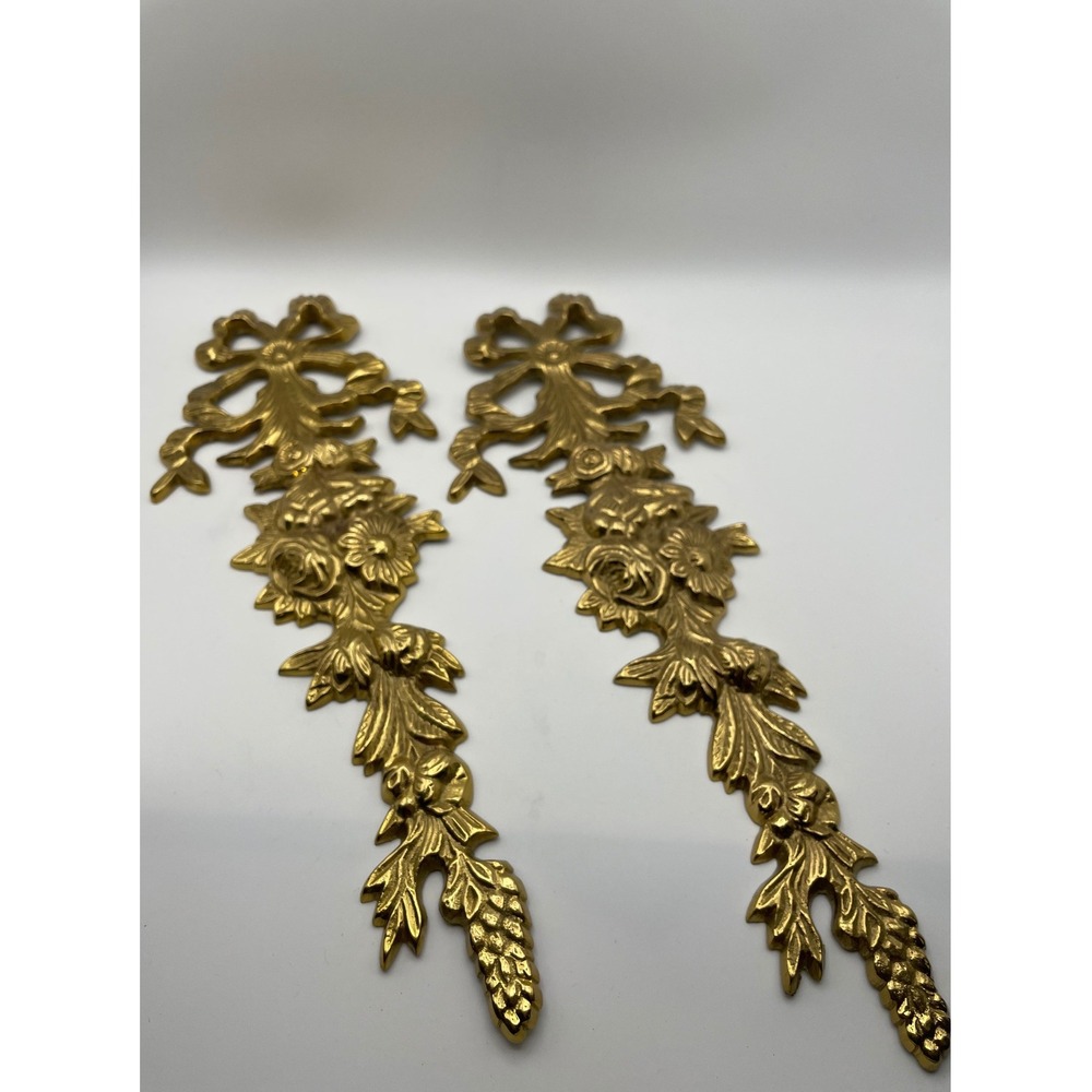 Vintage GATCO Solid Brass Floral Swag Wall Decor Pair Ribbon Bow Made in India